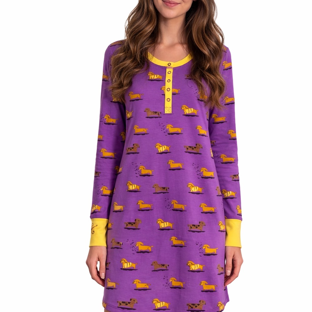 munki munki Purple Pajama Dress with Yellow Dachshund Print